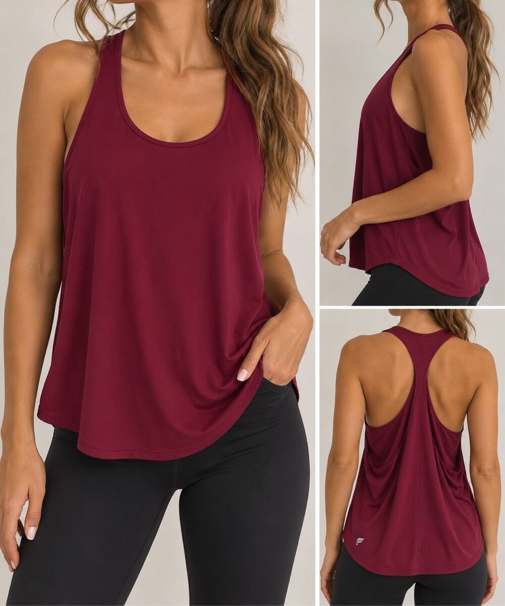 Fabletics Racerback Tank Top Medium Berry Burgundy Open Back Activewear